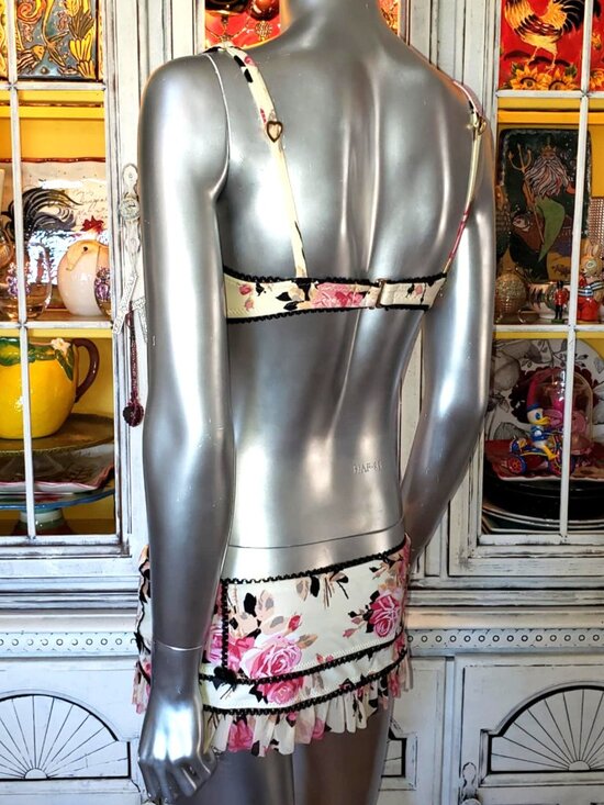 Vintage Betsey Johnson Gypsy Rose Bikini Skirted Pink Floral Lace Swimsuit Sz S - Picture 8 of 15